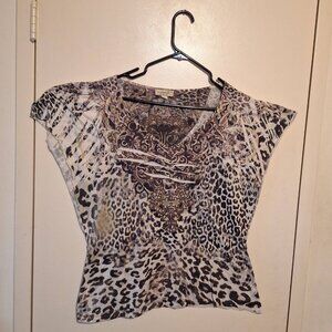 OneWorld Animal Print Sheer Blouse – Studded Neckline Top – Women’s XL